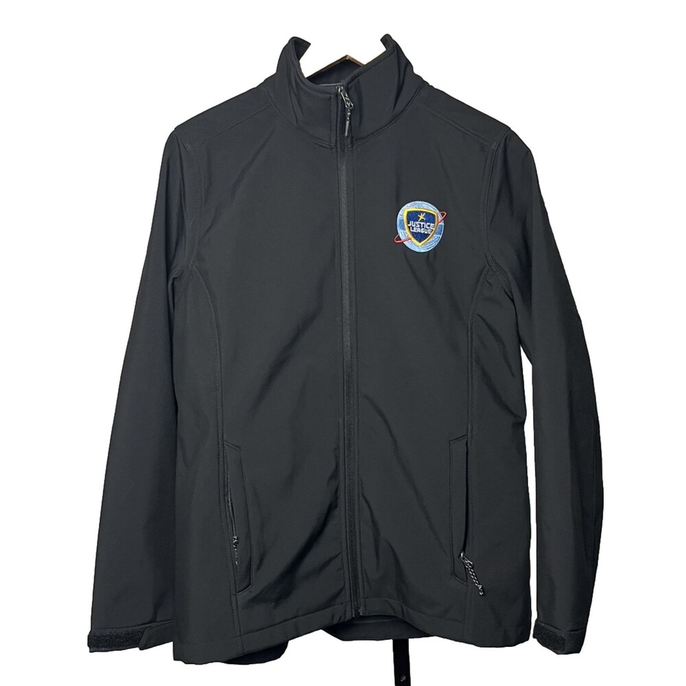 Justice League Black Elevate Jacket Large Full Zip Fleece Lined Shell Logo Patch